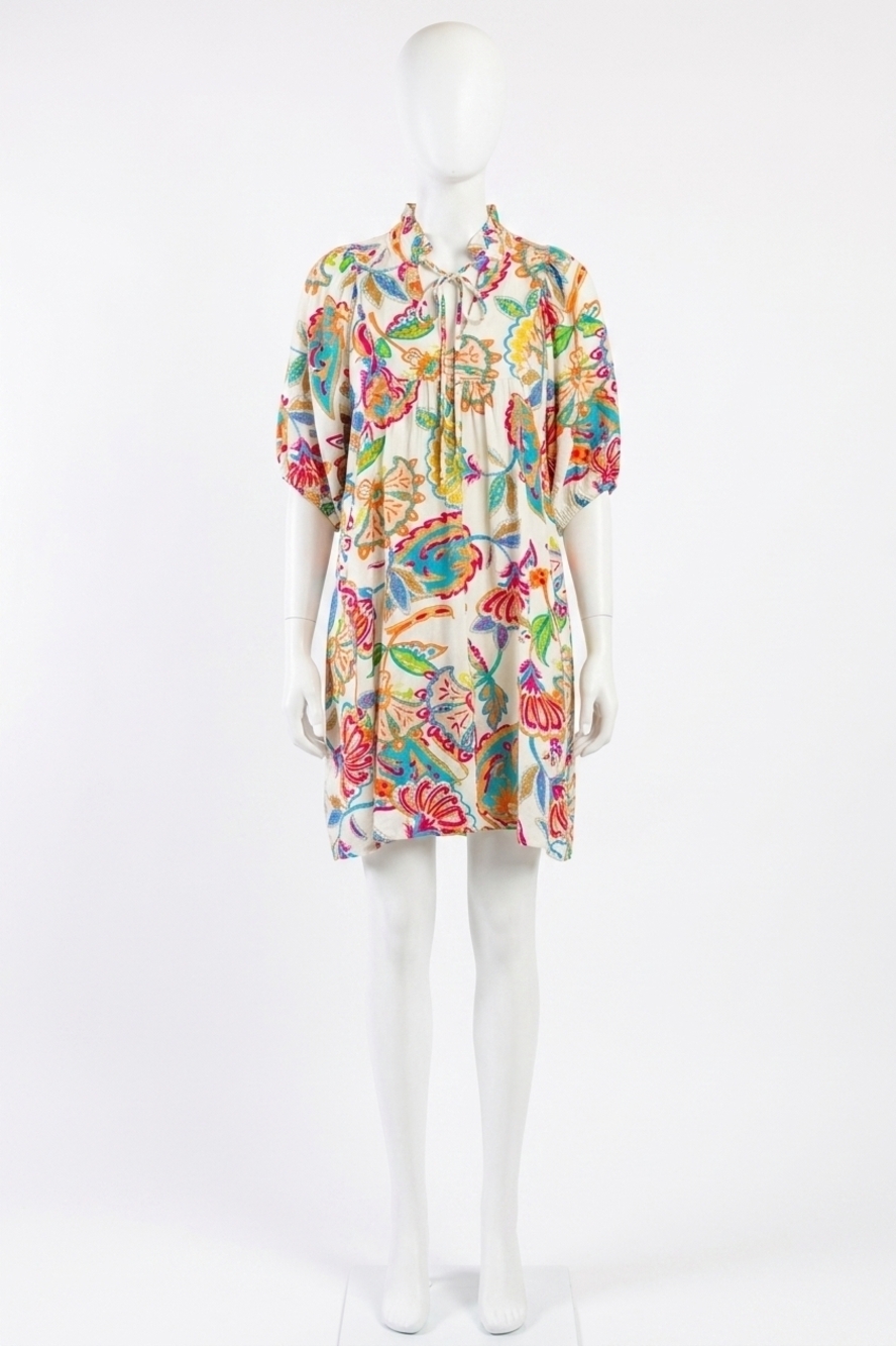 NEW UMGEE abstract print ruffled neck mini dress in cream mix